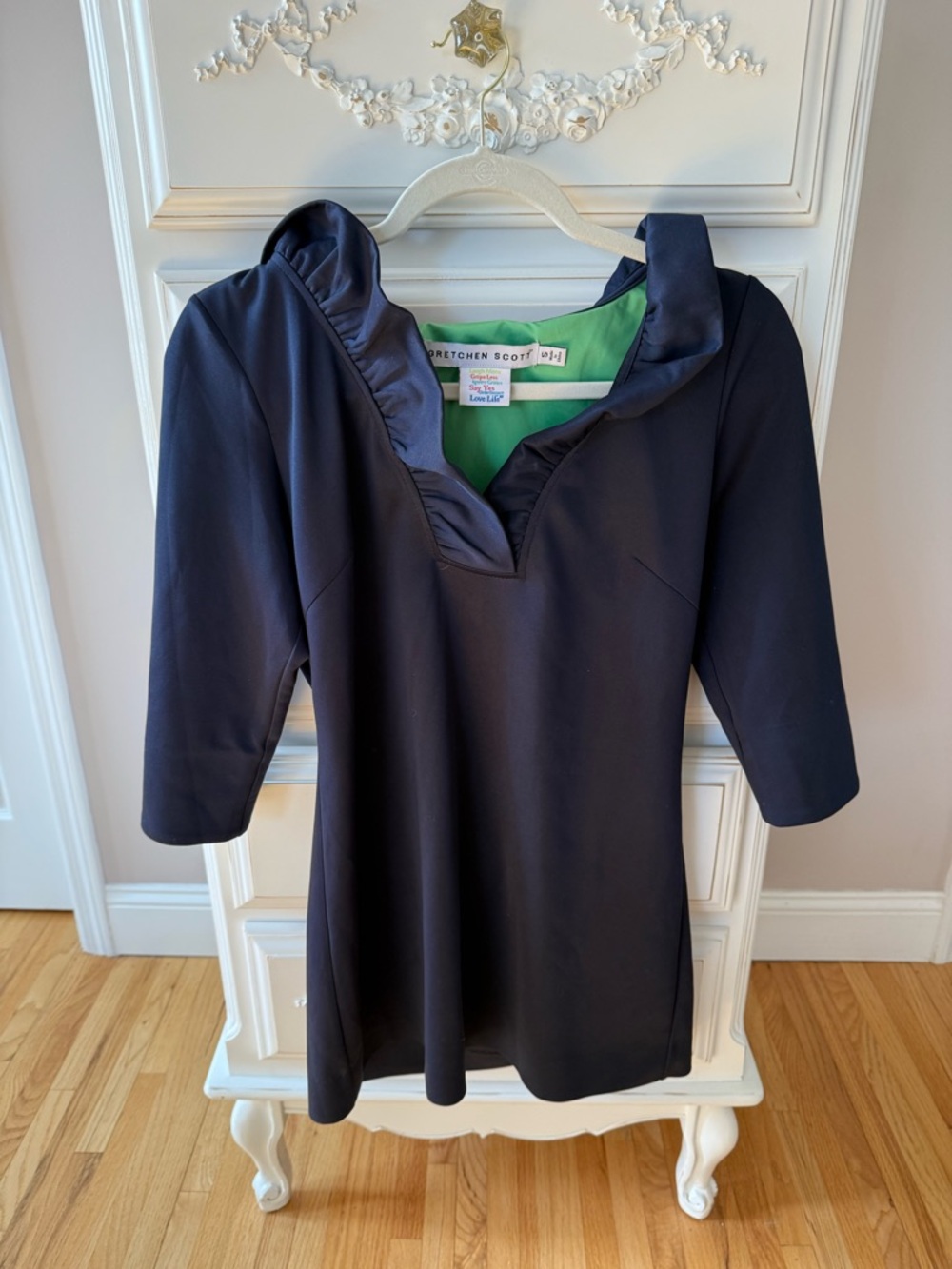 Gretchen Scott Navy Ruffle Neck
Jersey Dress - Size Small